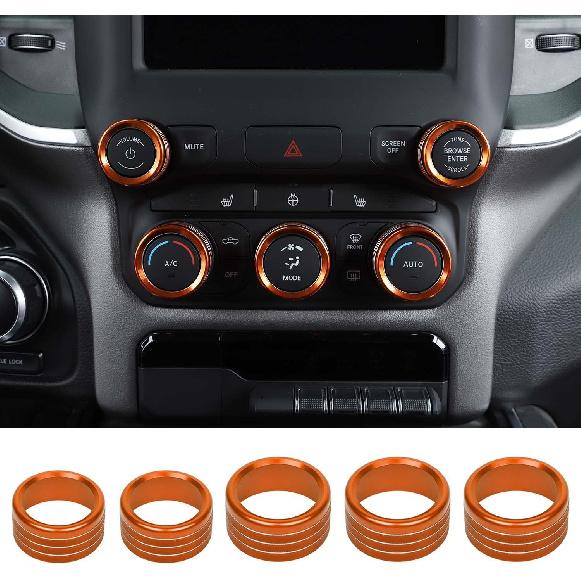 RT-TCZ Center Control AC Radio Switch Knob Cover Volume Tune Switch Knob Button Cover Trim Ring Aluminium Alloy Interior Accessories for Dodge RAM