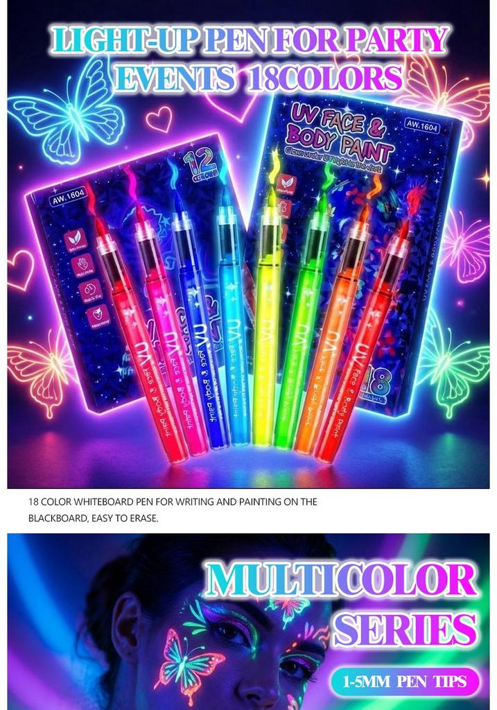 Glow-in-the-Dark UV Fluorescent Marker Pen for Halloween – Easy Clean Body Paint
