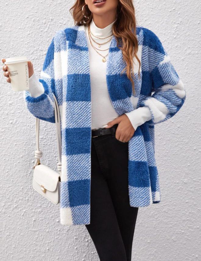 Women's Autumn/Winter Hooded Plaid Plush Cardigan Jacket