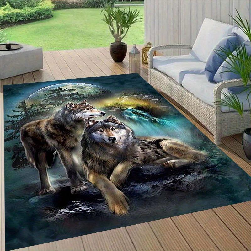 Wolf print area rug: for living room, bedroom—indoor/outdoor polyester mat, crystal velvet. Versatile for hallway, porch.