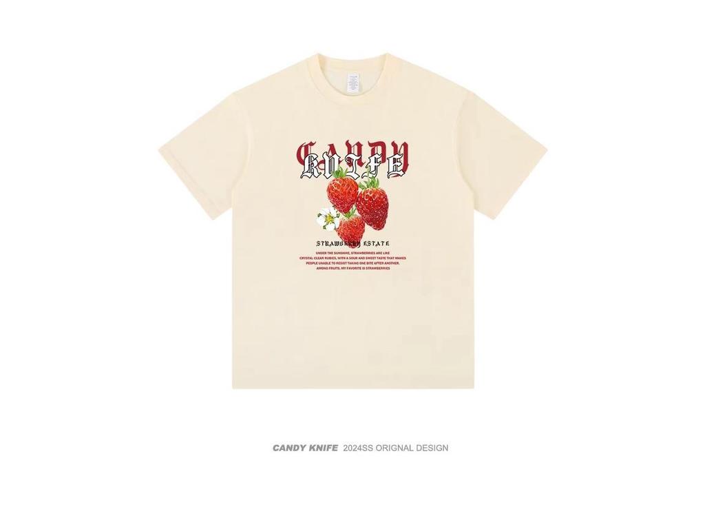 Unisex American Retro Hong Kong Style Strawberry Print T-Shirt - Summer Loose Fit