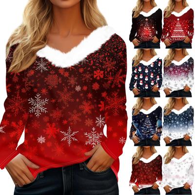 Women's T Shirt Tee Christmas Print Shirt Long Sleeve Party Christmas Fleece Collar V Neck  Top