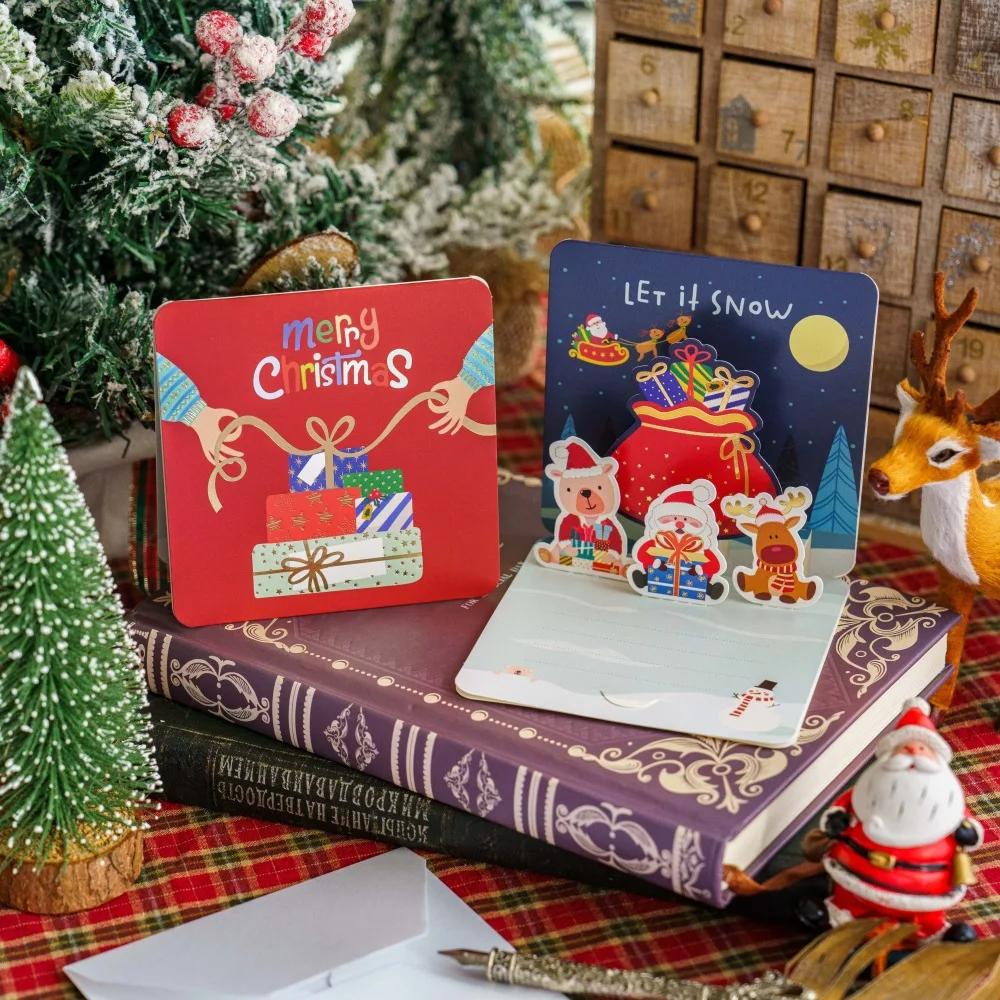 Merry Christmas Fold Small Greeting Cards with Envelopes Xmas Postcard Navidad New Year 2025 DIY Gift Card Decoration Noel