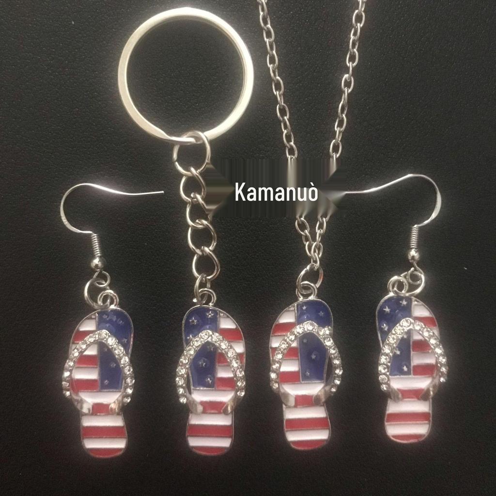 European & American Independence Day 4-Piece Set: Necklace, Earring, Keychain with Alloy & Rhinestone.
