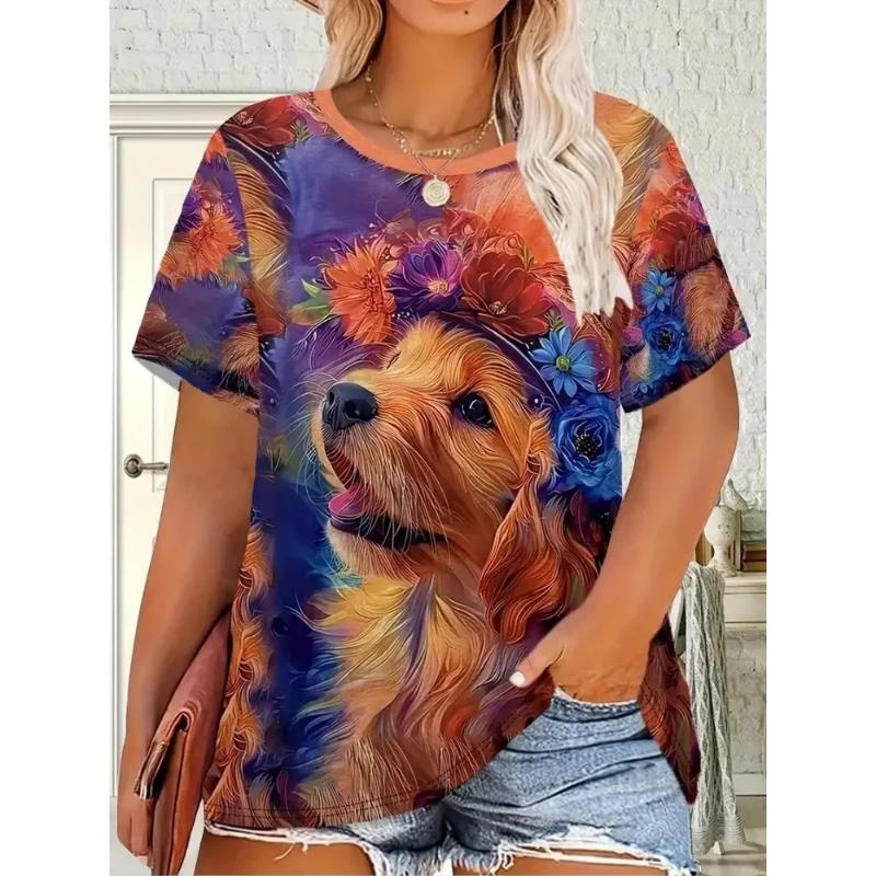 Moda Kadın Bisiklet Yaka Kısa Kollu 3D Günlük Renkli Baskılı Günlük Kısa Kollu Bisiklet Yaka Tişört