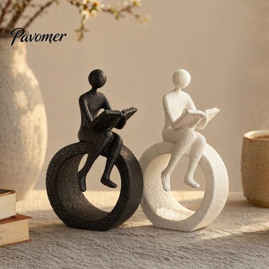 Light Luxury Room Desktop Accessory 3D Printed Reading Figurine, Abstract Reader Statue for Home Hollow Ring Base Decor Decor, Modern Minimalist