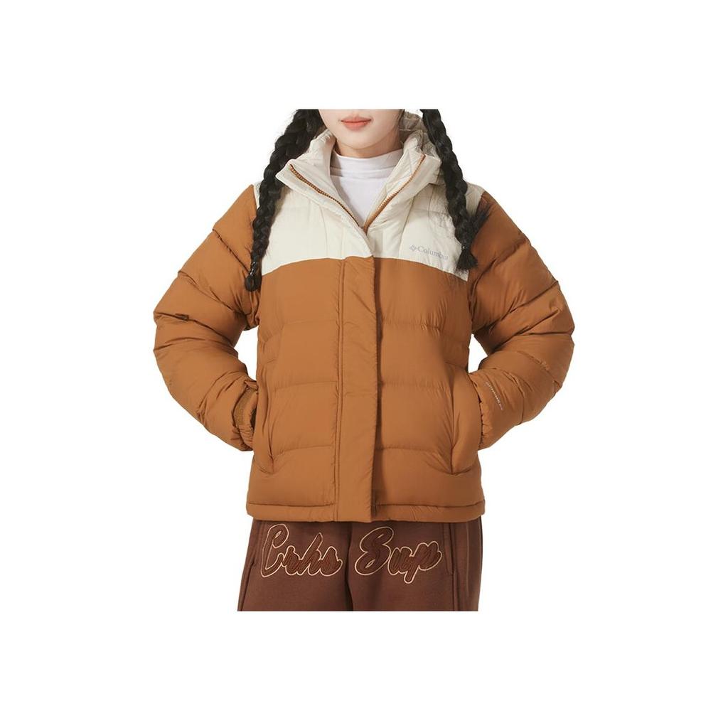 Columbia Omni-Heat Logo Pattern Color Block Zipper Hooded Warm Puffer Jacket Women outerwear White Brown WR9464-224