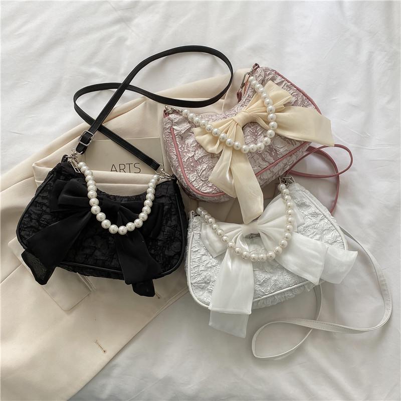 Women's Summer 2026 Trendy Crossbody Bag: Pleated Pearl Handbag with Cute Bow