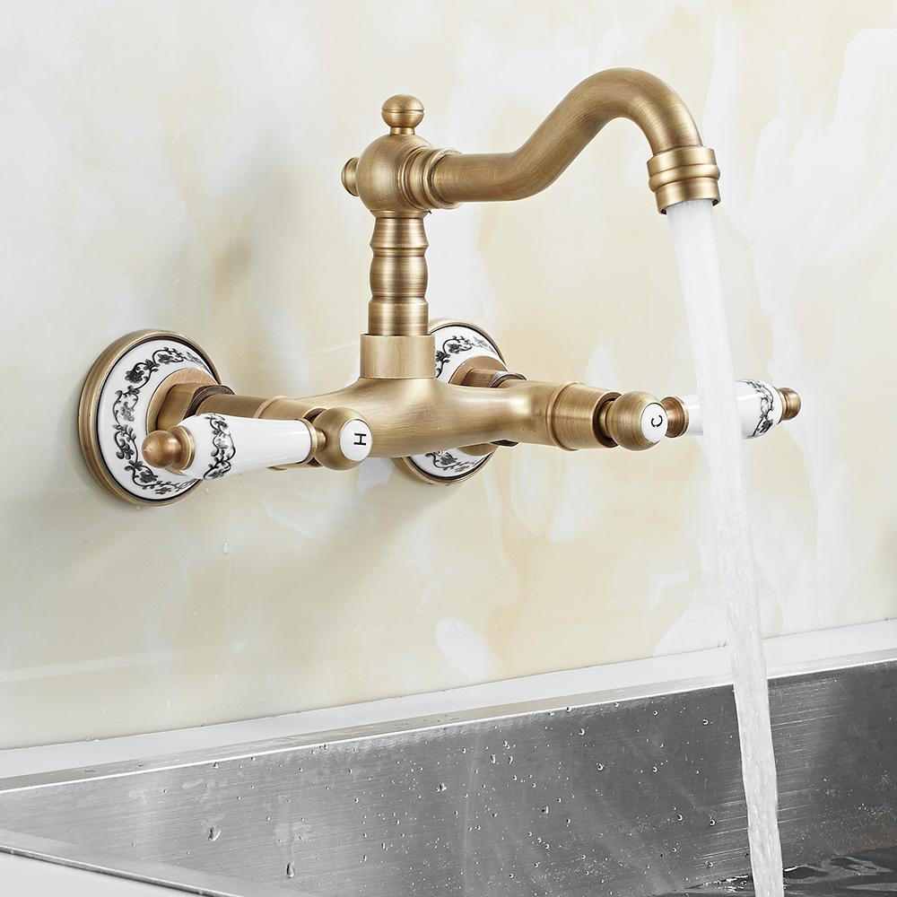 Wall Mount Antique Faucet Antique Brass Kitchen Faucet Dual Cold Hot Water Mixer Tap 360 Degree Rotation Kitchen Sink Faucet