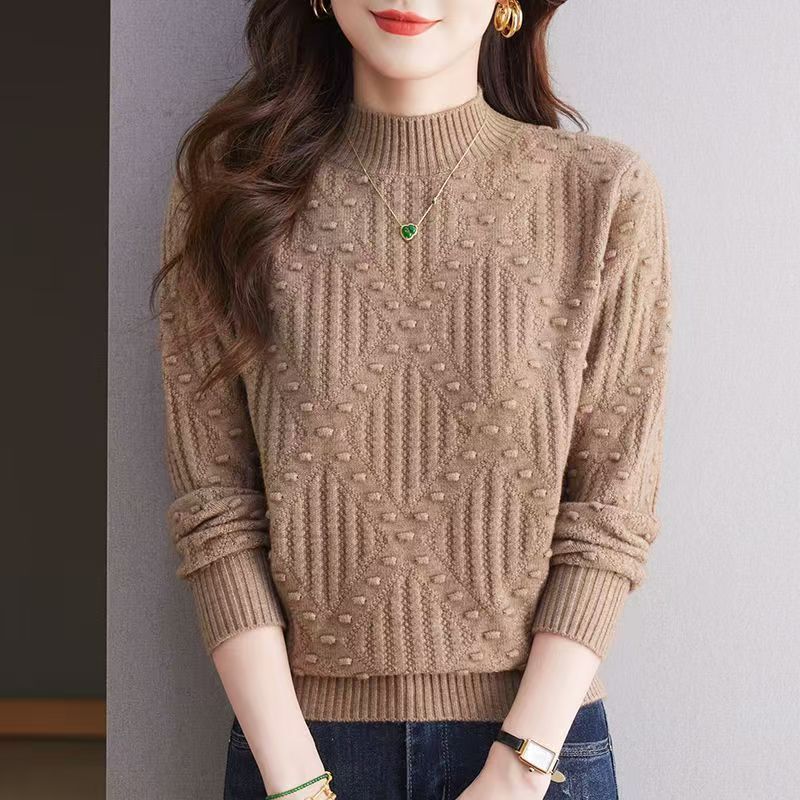 Knitted Bottoming 2025 New for Women Loose Lazy Style Rhombus Dot Solid Color Half Turtleneck All-match Sweater