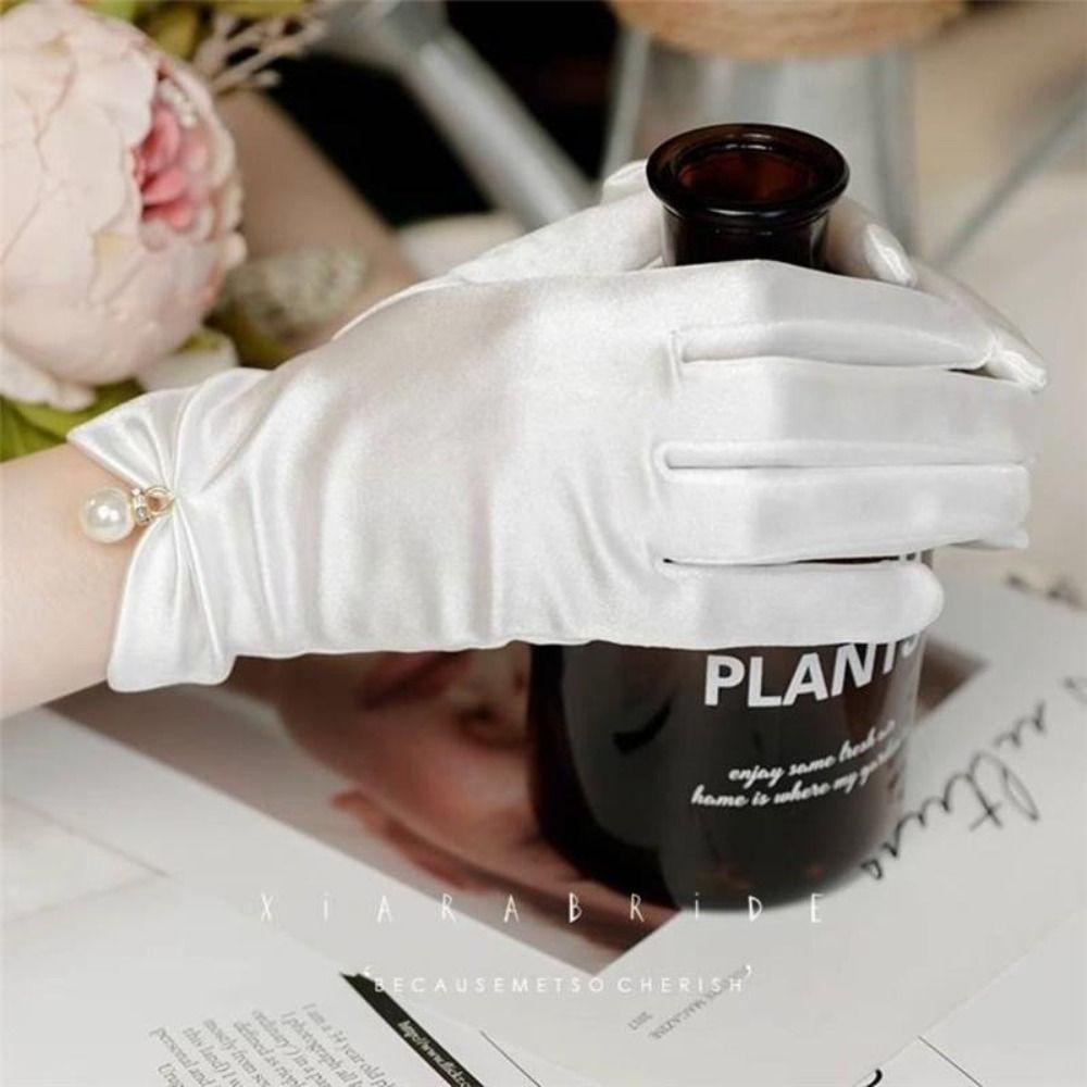 1 Pair Mesh White Satin Gloves Wedding Short Glove Lace Gloves Women Bow Knot Gloves  Cosplay