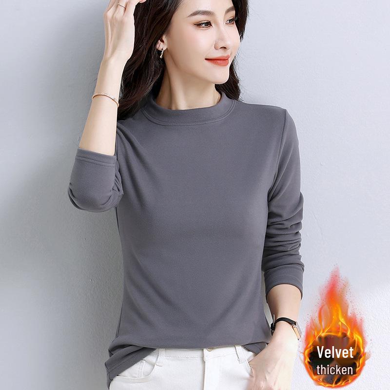 Women's Black Slim Fit Long Sleeve Thermal Top - Plush, Thickened for Warmth, Autumn/Winter 2025.