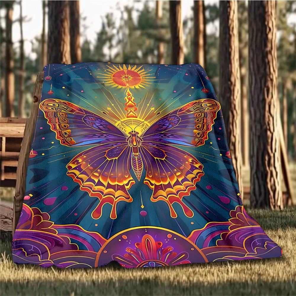 1pc Butterfly Art Print Outdoor Flannel Blanket Soft All Season Polyester Throw , Perfect for Picnics & Travel , Picnic Accessory