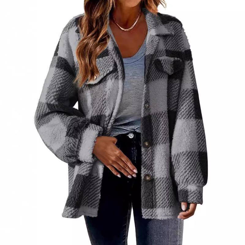 Women's Fall and Winter with Pockets Plaid Lambswool Jacket Button Plush Jacket