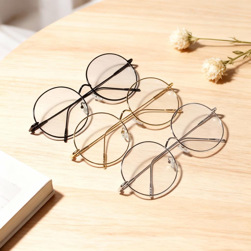 2025 Metal Frame Circular Flat Mirror for Women, Korean Version, Big Face, Flesh Covering, Retro Slim Frame Glasses for Men