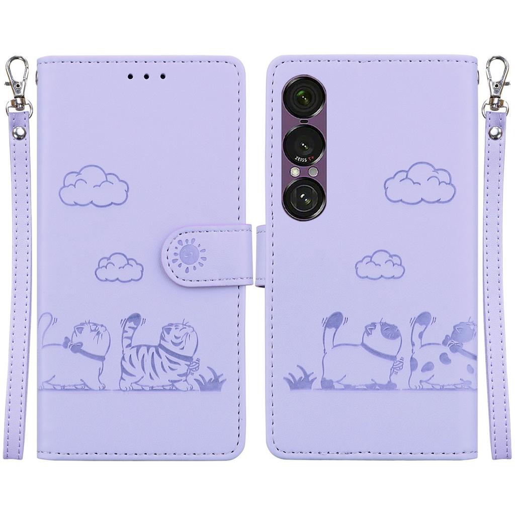 For Sony Xperia 1 VII Case RFID Blocking Kitten Pattern TPU+PU Leather Phone Cover with Wrist Strap
