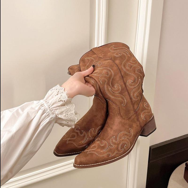 Fashion 2025Autumn Winter Vintage Women Western Cowboy Boots Slip On Thick Heel Shoes Fashion Embroidery Knight Long Botas