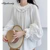 Korean Fashion Autumn Spring Women Oversized Blouse Double-Layered Ruffled Collar Baggy Shirt Lantern Sleeve Cotton Linen Blouse