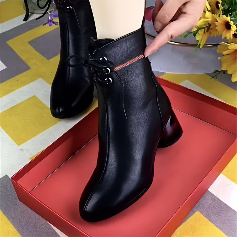 [Chunky Heel Winter Boots] Chunky Heel Pointed Toe Women's Short Boots | Autumn/Winter New Mid-Calf Lace-Up Thickened Winter Boots with Fleece Lining