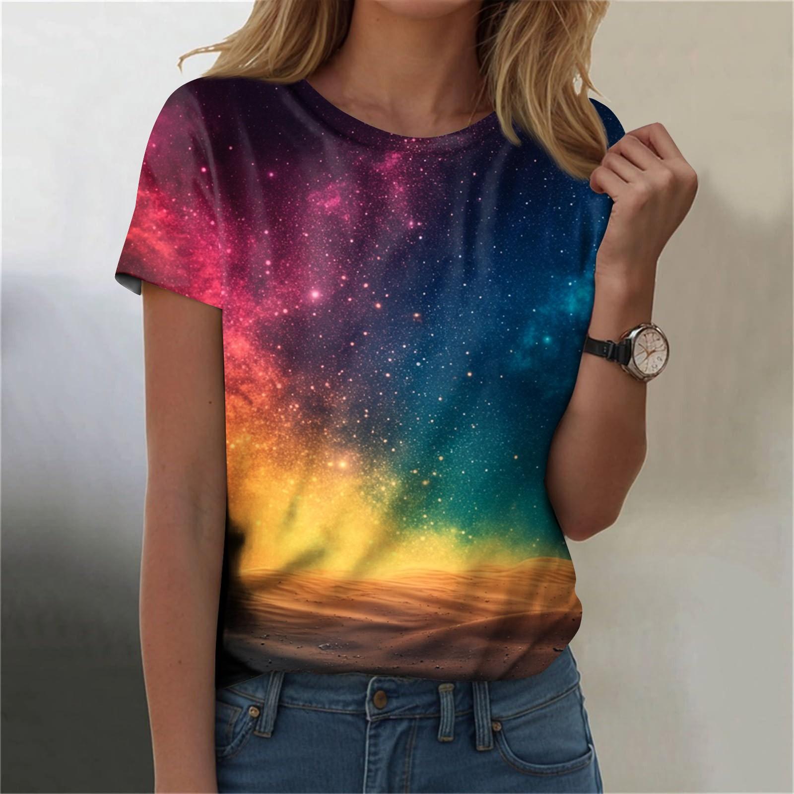 

Женская мода Sky Print модная универсальная облегающая футболка с коротким рукавом S