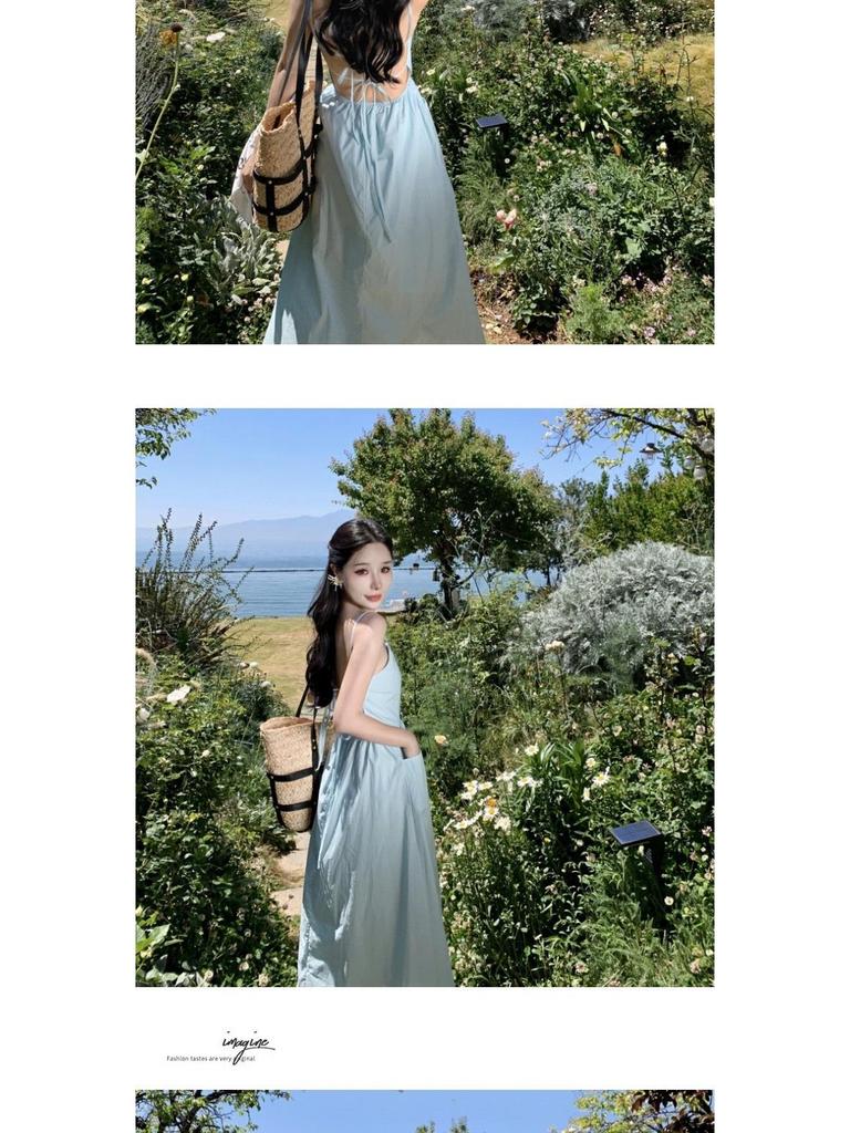 Elegant French-Style Sexy Backless Blue Spaghetti Strap A-line Beach Dress for Women