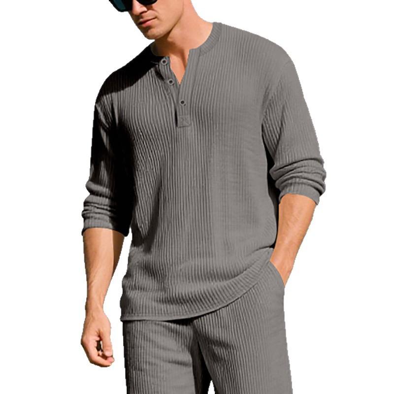 

Fashion New Autumn American Long-sleeved Ribbed Men s Loose Casual Commuting Henley Shirt Versatile Pullover S серый