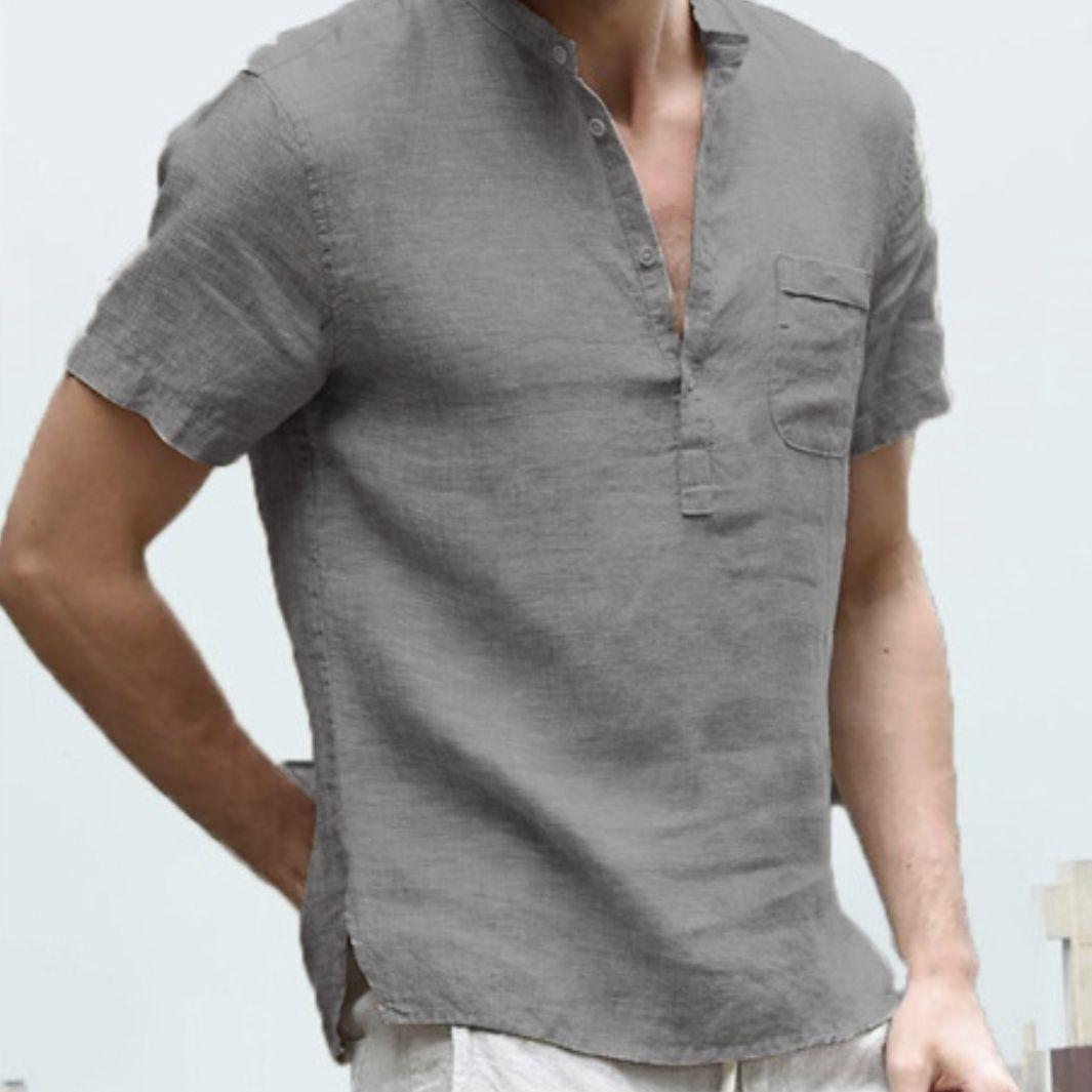 

Летняя мужская футболка из хлопка и льна с короткими рукавами, воротник-стойка, пряжка, полурасстегнутая простая рубашка с короткими рукавами M