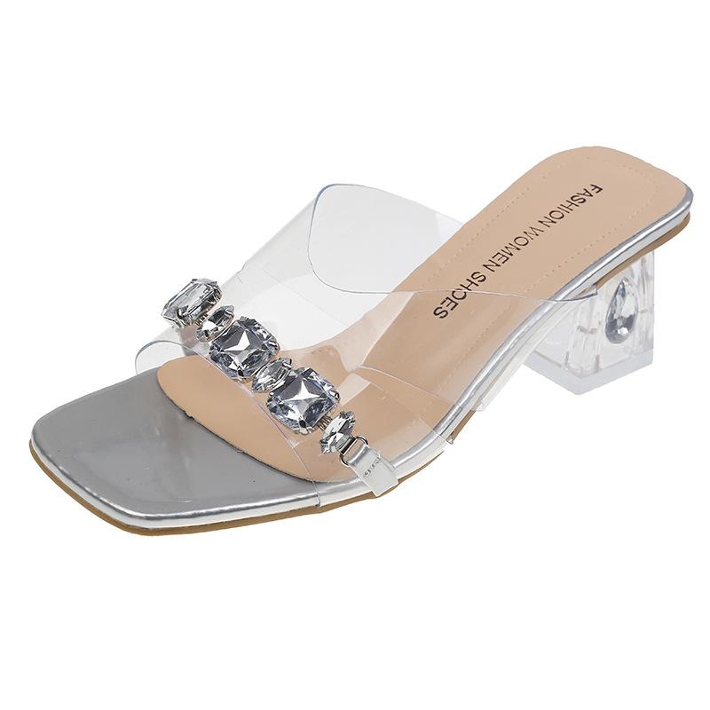 

Fairy Feng Shui Diamond Slippers Girl 2025 Spring and Summer New Outer Wear Transparent Word with Large Size Thick Heel Cool Slippers Woman 42 срібний