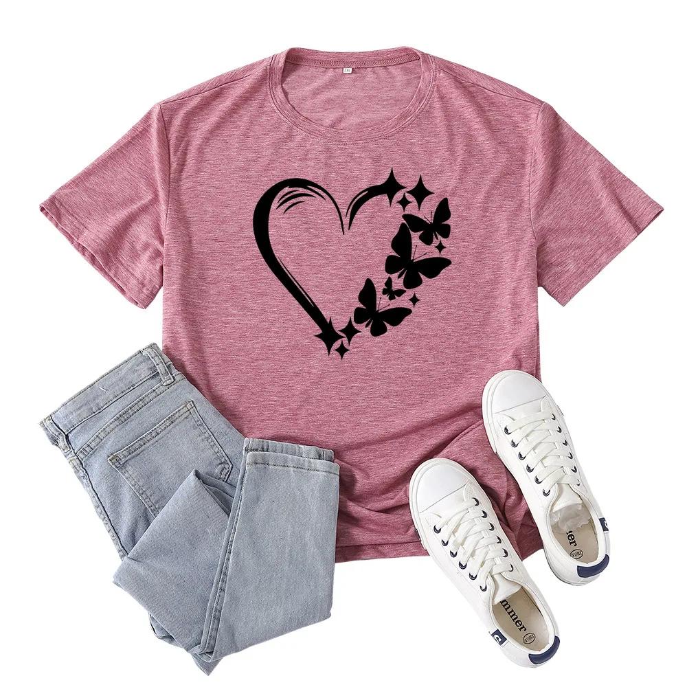 Butterfly Heart Print T Shirt Women Short Sleeve O Neck Loose Tshirt Summer Women Tee Shirt Tops Camisetas Mujer