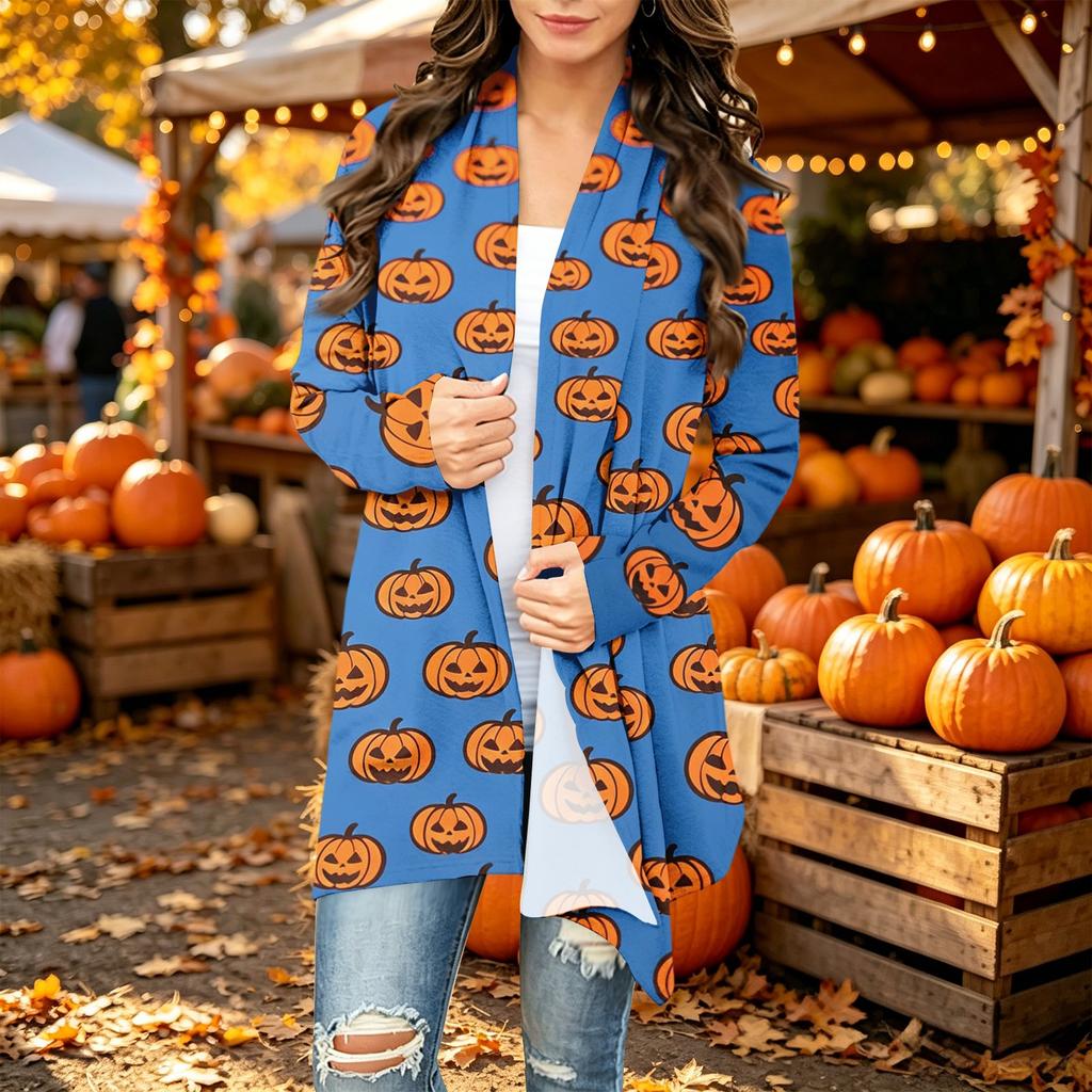 Damen Trendy Halloween-Print Langarm-Strickjacke Pullover für Lässige Herbstmode