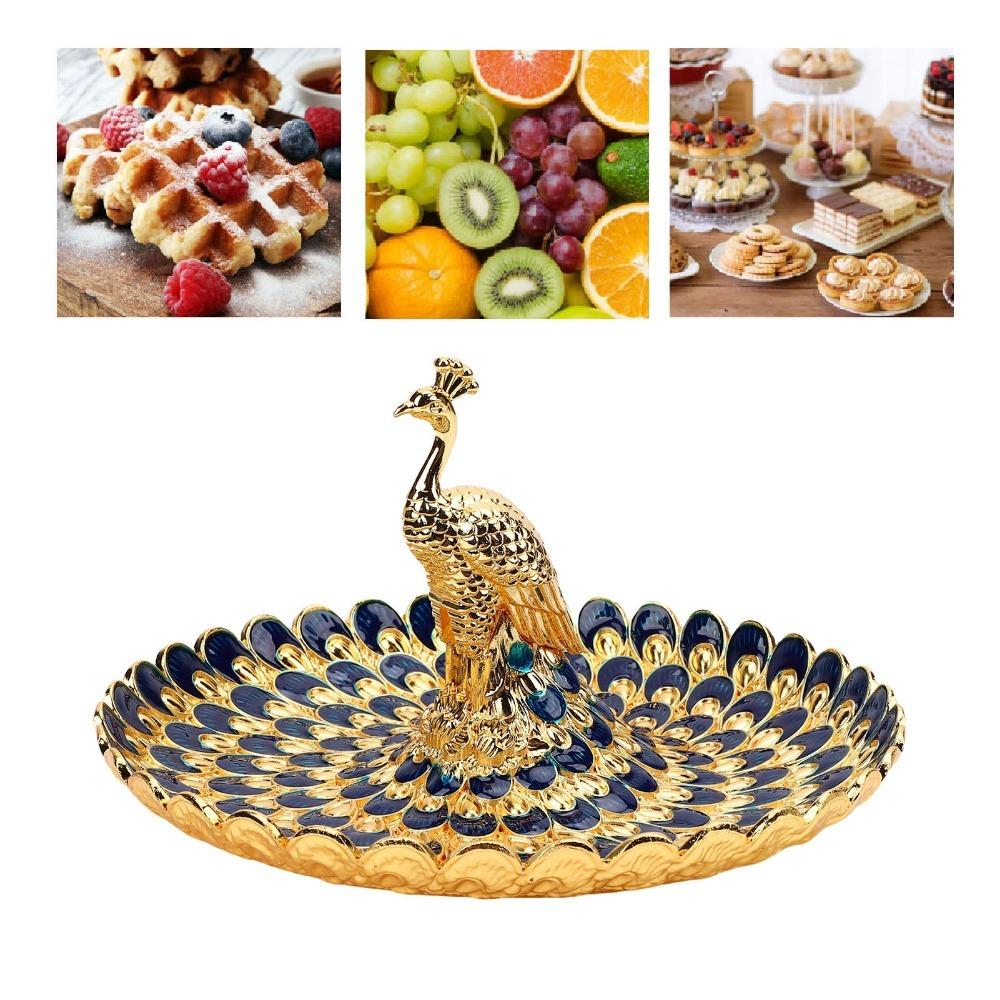 Golden Blue Color Serving Tray Round Shape Snack Serving Plate Buffet Bar Table Decor