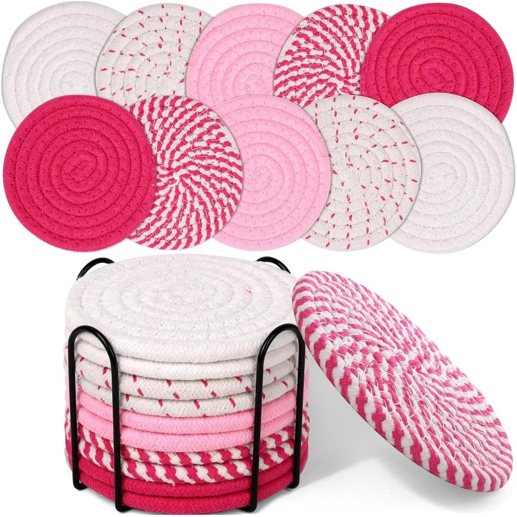 Drink Coasters with Holder, Absorbent Coasters for Coffee Table, Minimalist Cotton Woven Coaster Set for Home Decor Tabletop Protection .