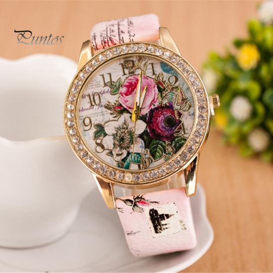 Orologio da polso da donna al quarzo con quadrante rotondo intarsiato di strass a forma di fiore e cinturino in ecopelle