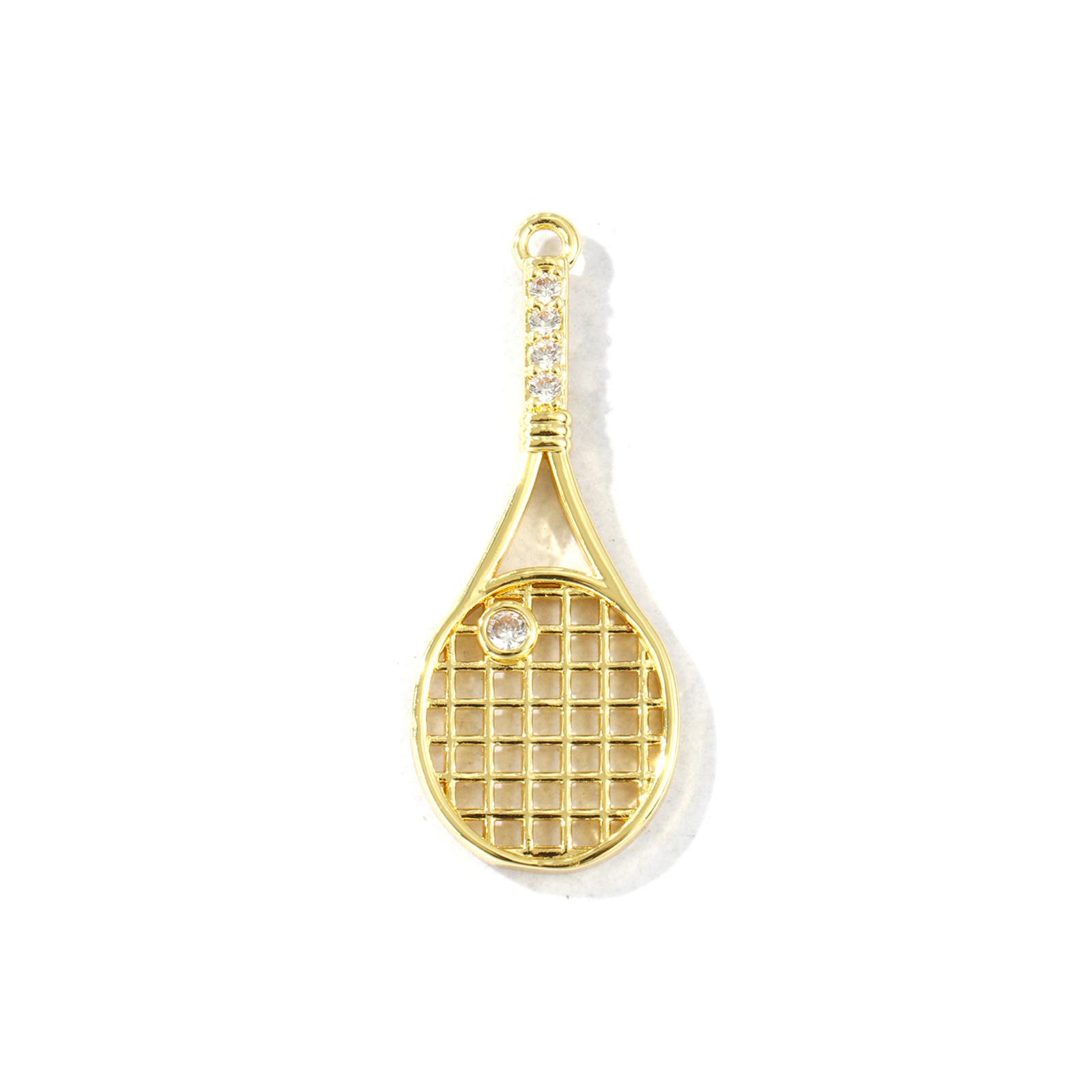 

2PCs Brass Sport Pendants 18K Gold Plated Tennis Racket Hollow Clear Cubic Zirconia Charms For DIY Necklace Making 3.2cm x 1.3cm