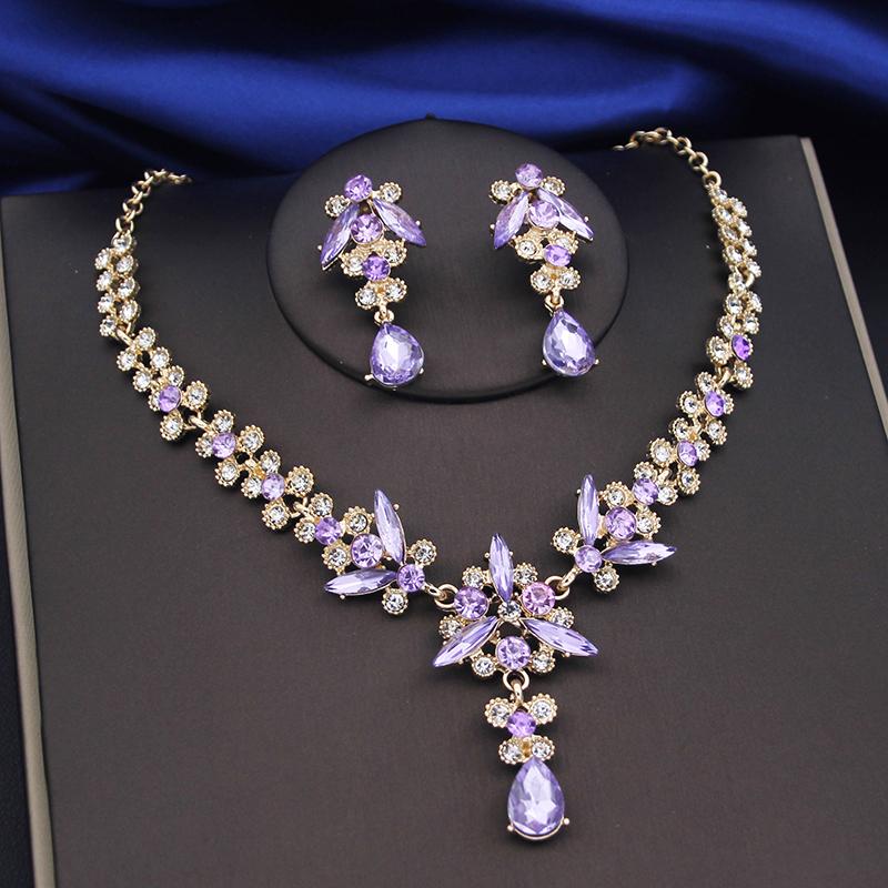 Purple Crystal Bridal Jewelry Sets Women Tiaras Bride Necklace Earrings for Wedding Crown Jewelry Set Prom
