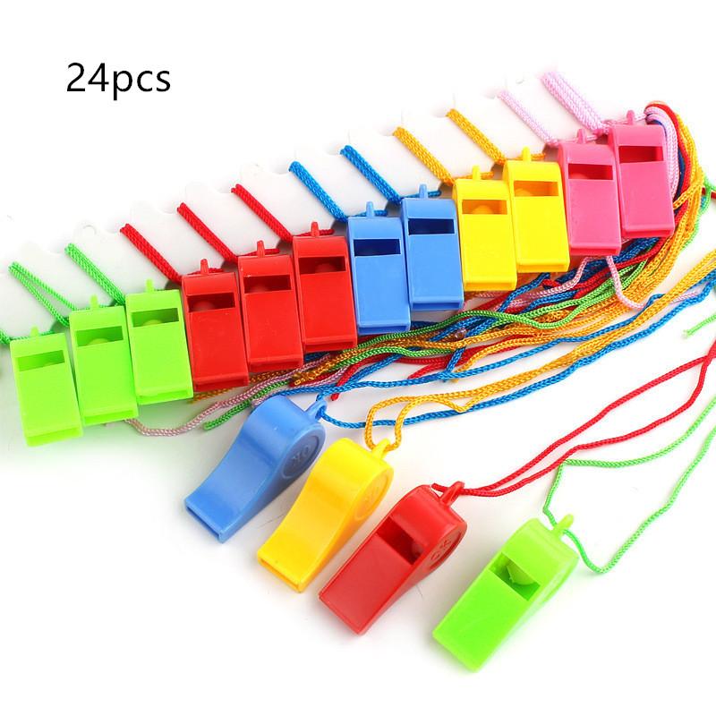 24Pcs Colorful Plastic Whistles with Lanyards for Party Favors, Sports & Emergency Supplies