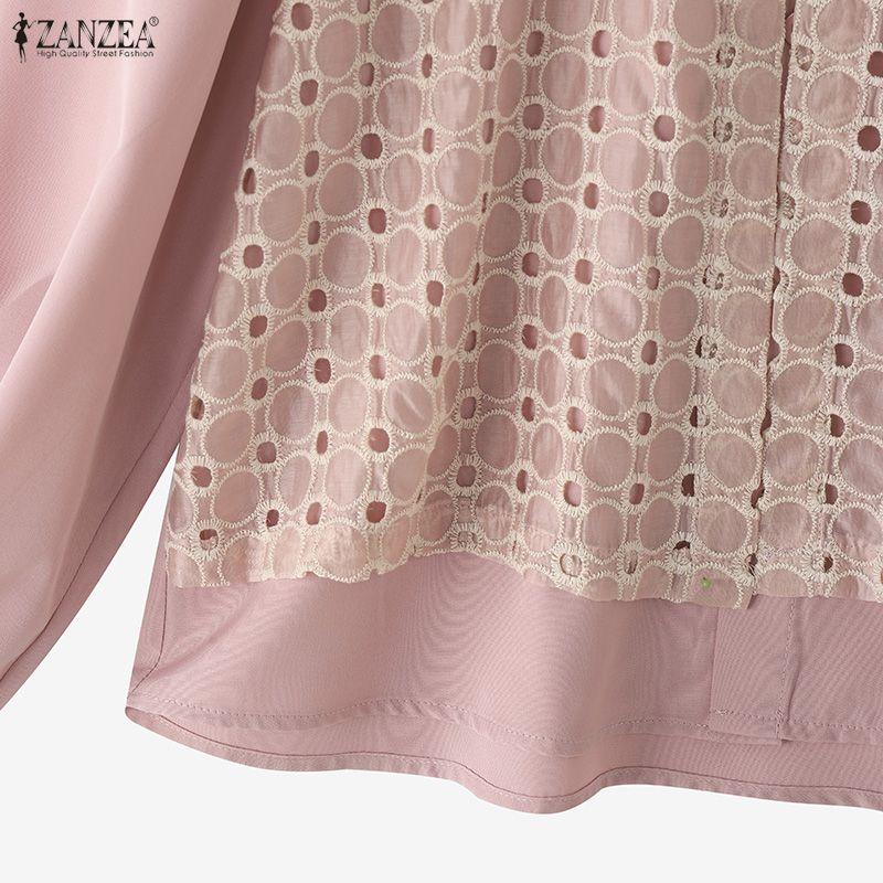 ZANZEA Women Casual Turn Down Collar Long Sleeve Embroidery Splice Fake Two-piece Blouse