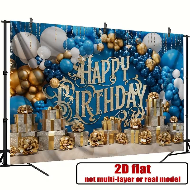 2D Alles Gute zum Geburtstag Hintergrundtuch Blaue Goldene Luftballons und Geschenke Wanddeko
