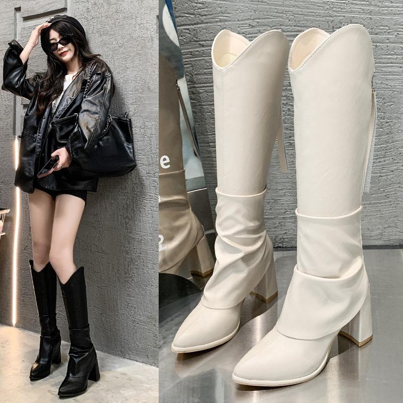 

Сапоги Женские модные ботинки на высоком каблуке с острым носком на блочном каблуке