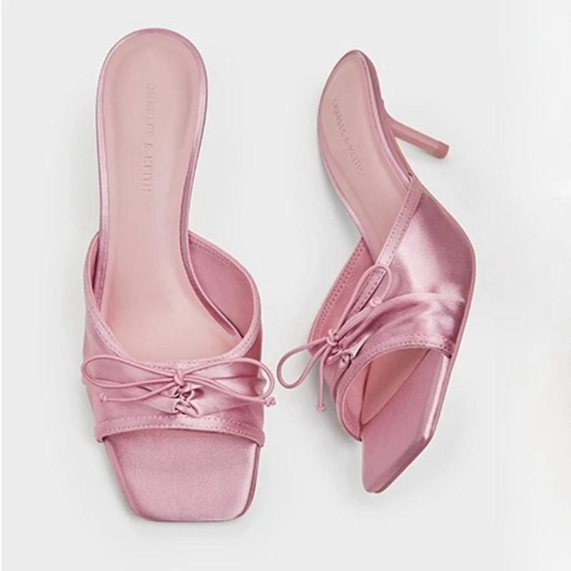 Bow High Heels Women Slippers Square Toe Sandals Shoes 2025 Summer New Designer Shoes Dress Slides Beach Open Toe Mujer Pumps
