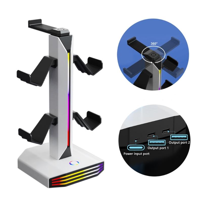 Functional Game Controller Stand Including Power Outlets And LED Features Perfect For Headphones Organization