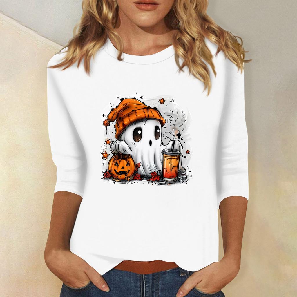 Women's Fashion Casual Three-quarter Sleeve Halloween Printed Round Neck Top
