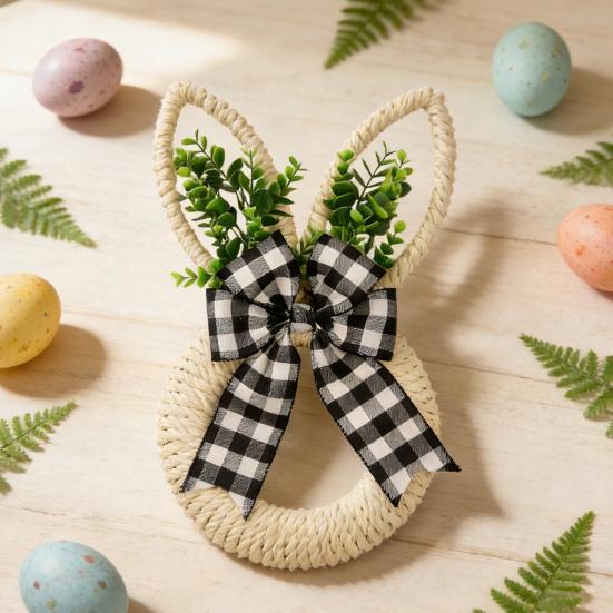 Osterhasenkranz Hanfseil Frühlingshasenkranz mit Schleife Oster-Türhänger für Bauernhaus Veranda Tür Wand Fensterdeko