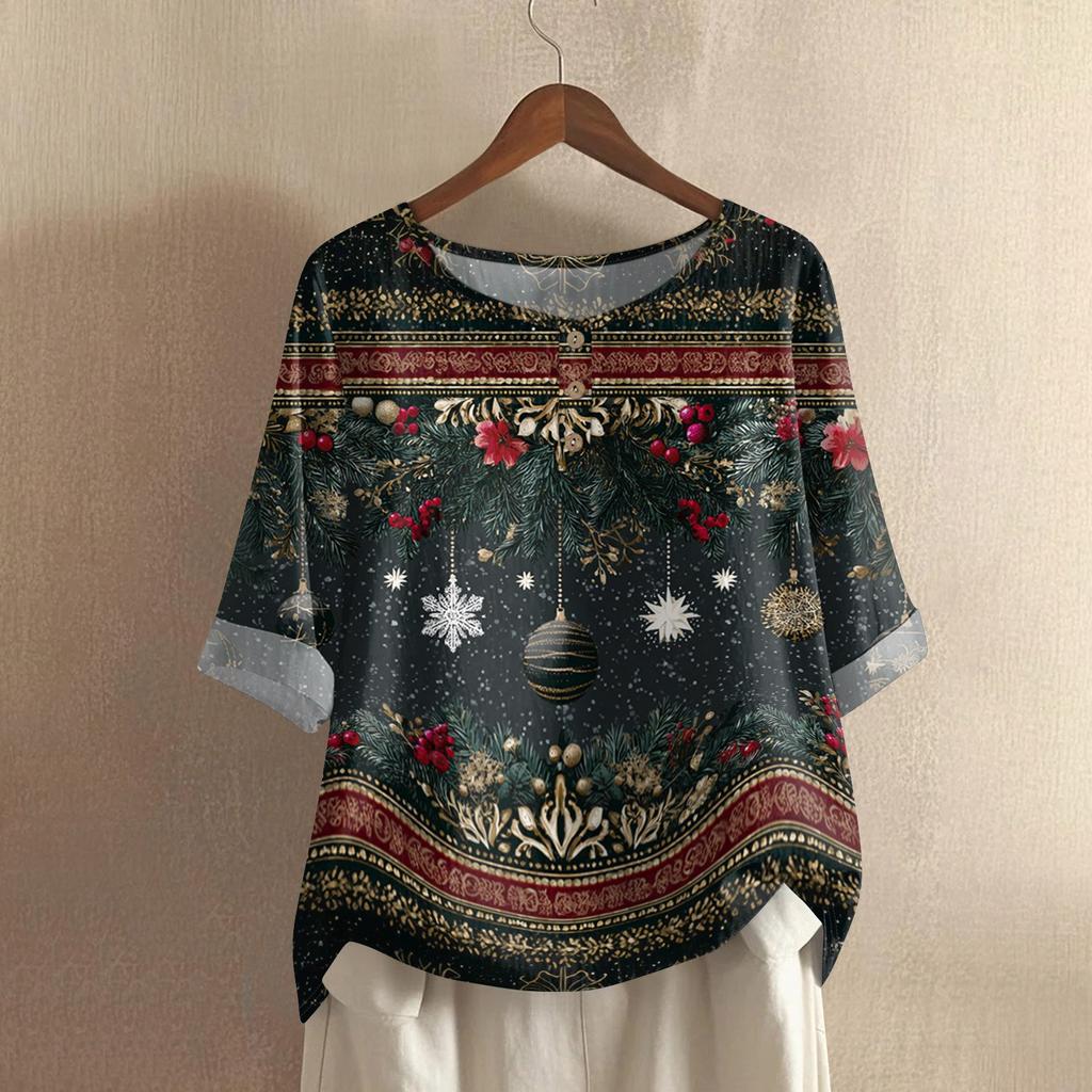 Women's Fashionable And Casual Shirt Half-sleeve Round Neck Print Cotton And Linen Blouse Top