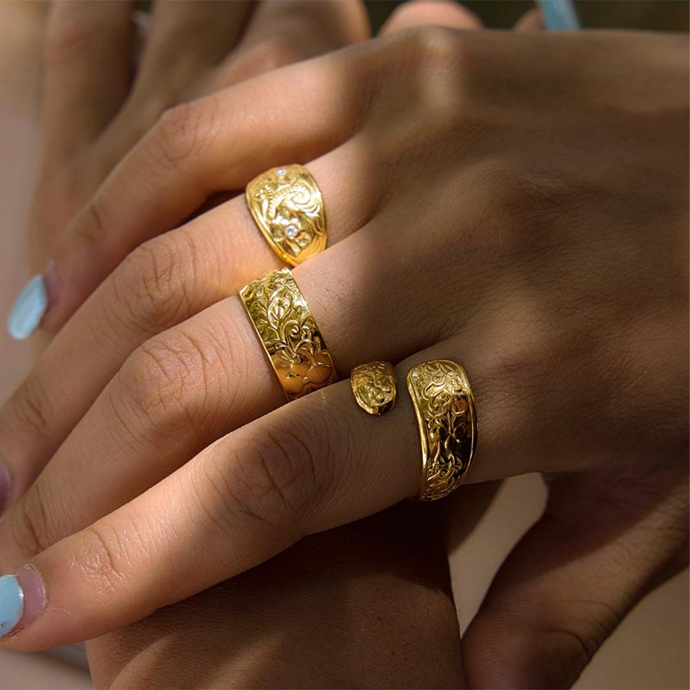 Vintage Stainless Steel Flower Texture Wide Ring for Women 18K PVD Gold Plated Waterproof Adjustable Finger Jewelry Gifts