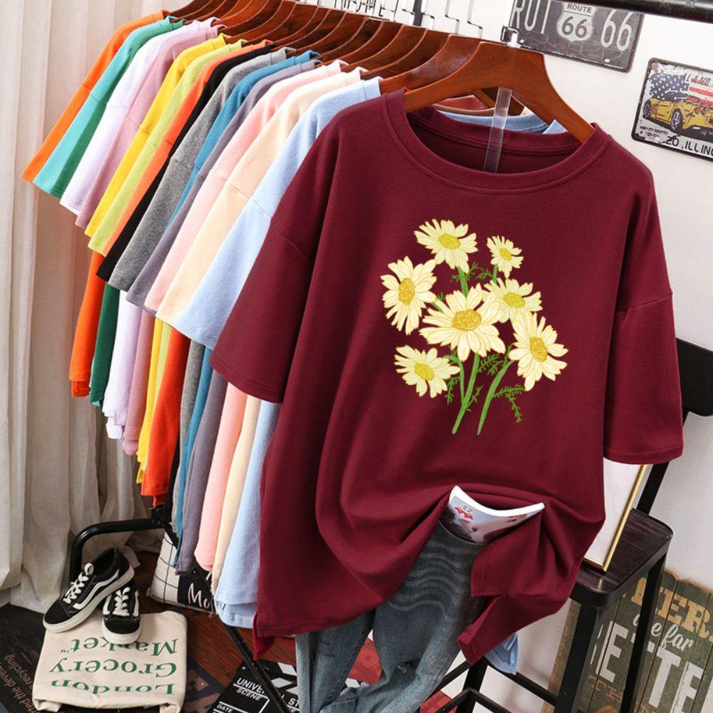 Street Baumwolle Damen T-Shirts Frisch Harajuku Gelbe Chrysanthemenblumen Drucke Oberteile Locker Rundhals Weiche T-Shirts Damenbekleidung