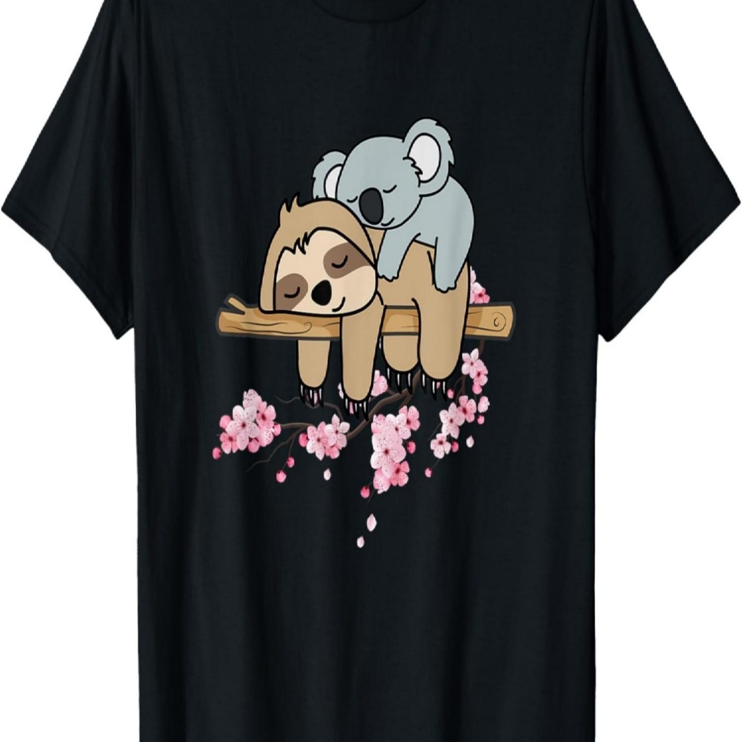 

CUTE SLOTH & KOALA HUGGING NAPPING IN SAKURA CHERRY BLOSSOM T-Shirt S чёрный