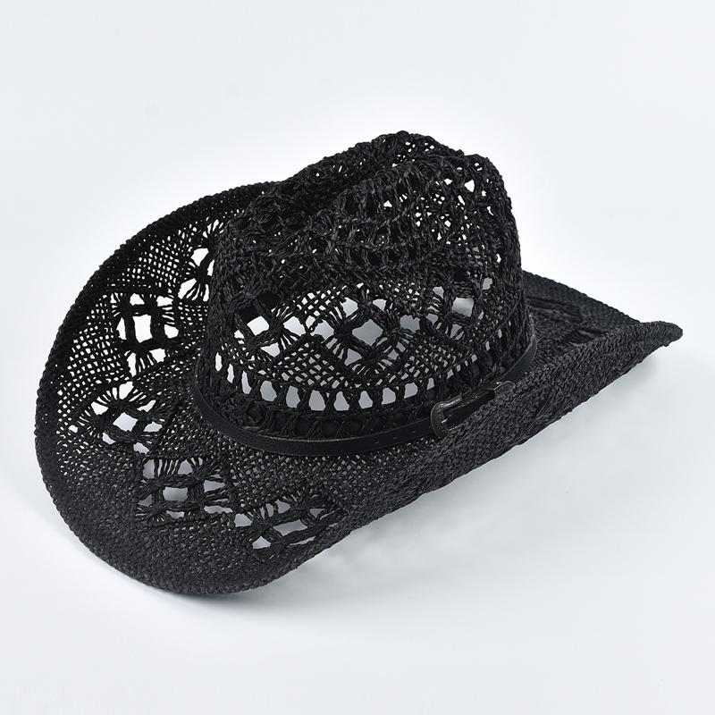 

Vintage Western Style Straw Hat for Men Women Summer Hollowing Out Travel Beach Sun Hat Gentleman Lady Cowgirl Jazz Hat Can Be Adjusted чорний