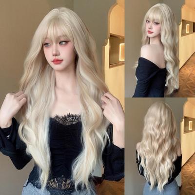 Synthetic Ombre Blonde Platinum Wigs Long Wavy Wig for Women with Bangs Party Daily Heat Resistant Fibre Hair Wigs