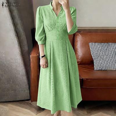 Women Casual V-Neck 3/4 Sleeve Loose Long Dress